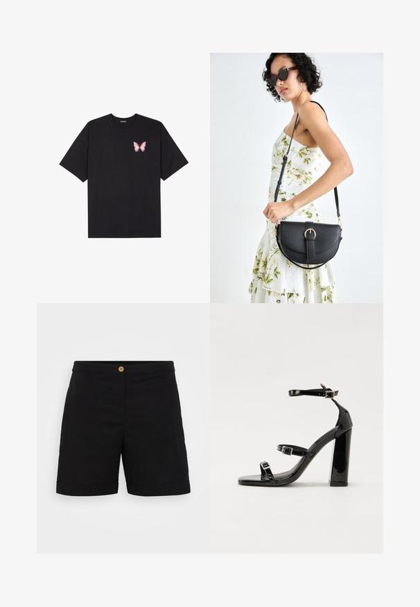Black cotton t-shirt with short sleeves, featuring a small pink butterfly graphic on the left chest. Crew neck design with a relaxed fit.; Black linen shorts with a streamlined design, featuring a single wooden button at the waist and rolled hem. Smooth texture with side pockets.; Black patent heeled sandals with a square toe, ankle straps, and silver buckles. Features a chunky block heel for stability.; Black leather handbag with a curved shape, detachable strap, and gold hardware. The bag features a flap with a buckle detail.