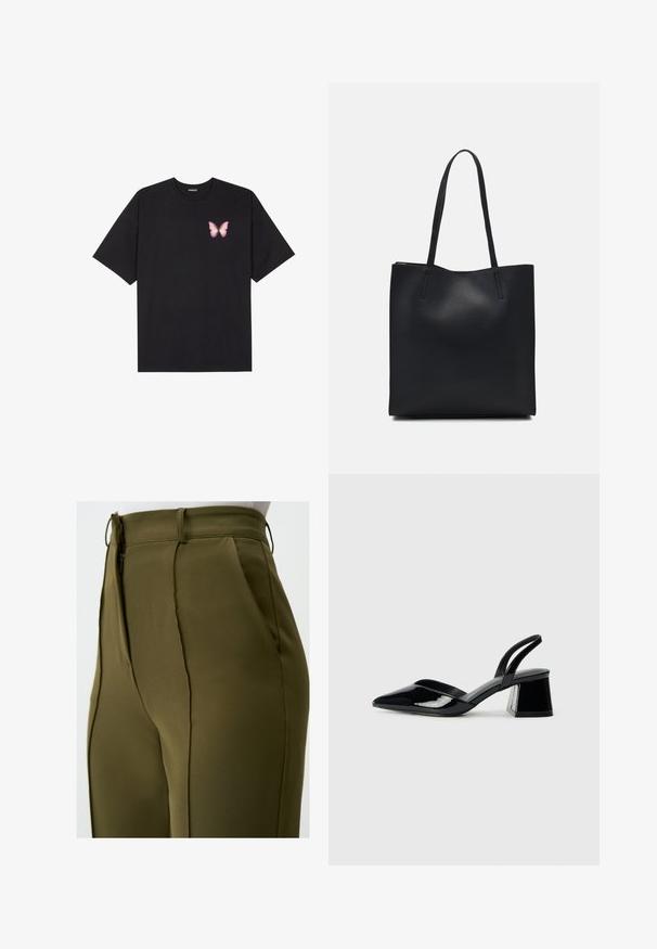 Zwarte katoenen t-shirt met korte mouwen, voorzien van een kleine roze vlinder graphic op de linkerkant van de borst. Crew neck ontwerp met een relaxte fit.; Olijfgroen op maat gemaakte broek met een gladde textuur, verticale naden, zijzakken en een ritssluiting op de taille.; Zwarte gepatineerde leren slingback hakken met een spitse neus en een geometrische blokhak. Kenmerkt zich door een slank, minimalistisch ontwerp en een gladde textuur.; Zwarte leren handtas met een gladde textuur, rechthoekige vorm en twee lange handvaten. Geen zichtbare hardware of versieringen.