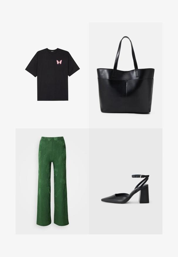 Fekete pamut póló rövid ujjakkal, bal mellkason egy kis rózsaszín pillangó grafikával. Kerek nyakú kialakítás, laza fazonnal.; Anna Field Nadrágok - green; Fekete bőr, hegyes orrú magassarkú cipő boka pánttal és vastag sarokkal. Sima textúra, elegáns dizájn és minimális esztétika.; Fekete bőr bevásárlótáska két hosszú fogantyúval, sima felülettel és strukturált formával. Elülső zseb található rajta a plusz tárolás érdekében.