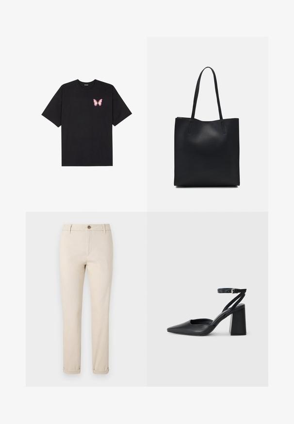 Black cotton t-shirt with short sleeves, featuring a small pink butterfly graphic on the left chest. Crew neck design with a relaxed fit.; Beige chino pants with a straight leg design, made of cotton. Features a button closure, front pockets, and rolled cuffs at the ankles.; Black leather pointy-toe pump with an ankle strap and a chunky heel. Flat texture, sleek design, and minimalistic aesthetics.; Black leather tote bag with smooth texture, rectangular shape, and two long handles. No visible hardware or embellishments.