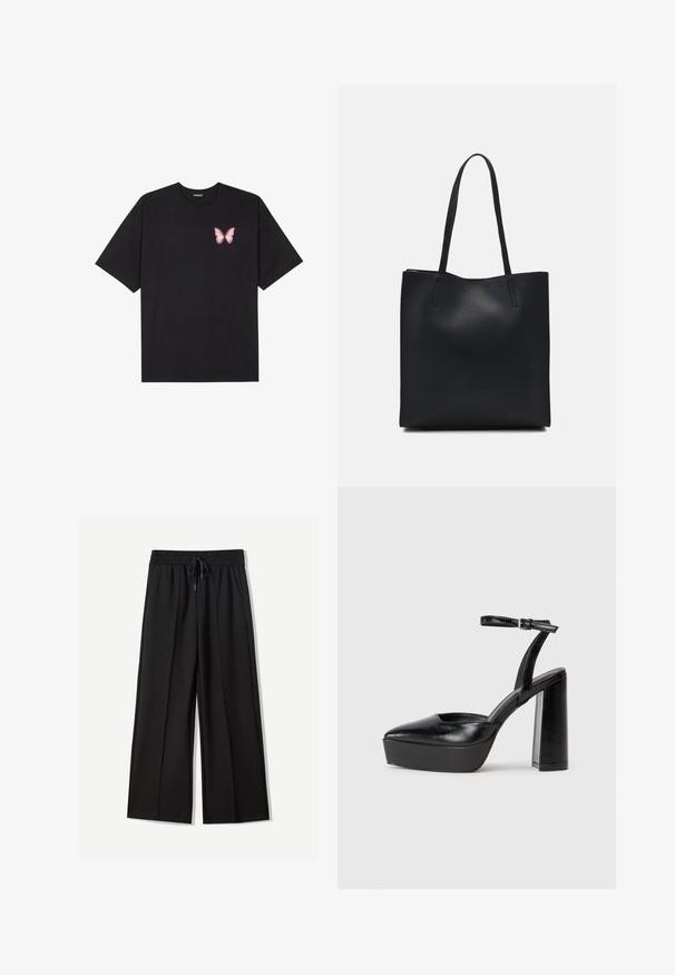 Fekete pamut póló rövid ujjakkal, bal mellkason egy kis rózsaszín pillangó grafikával. Kerek nyakú kialakítás, laza fazonnal.; Fekete, széles szárú nadrág, puha anyagból készült. Rugalmas derékrésszel és zsinórral rendelkezik, valamint két oldalzseb található rajta. Simaság az elején, pliszékkel.; Fekete platform magassarkú cipők hegyes orral és állítható bokapánttal. Sima bőrből készült, vastag talppal.; Fekete bőrtáska sima felszínnel, téglalap alakú, két hosszú füllel. Nincs látható fémkiegészítő vagy díszítés.