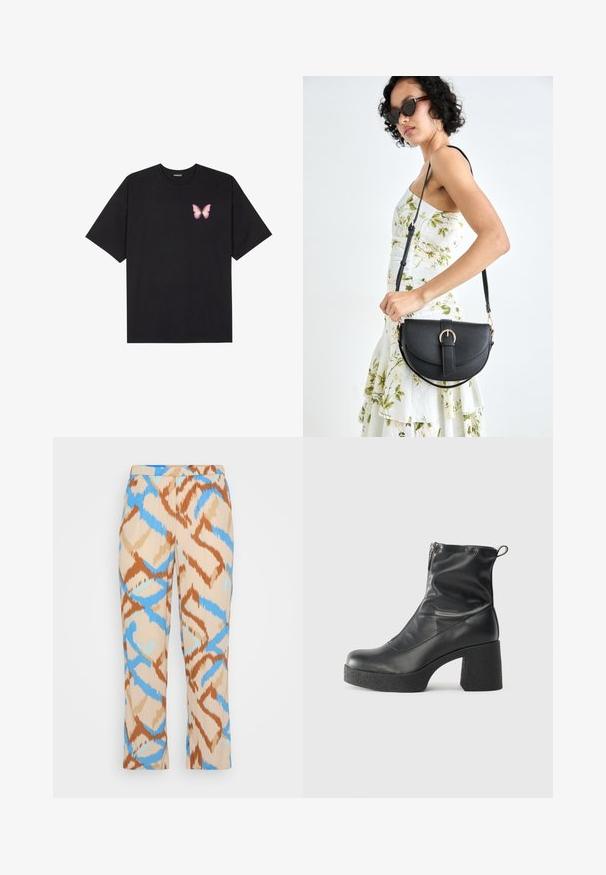 Crna pamučna majica s kratkim rukavima, s malim grafičkim prikazom ružičaste vjetricaste s desne strane na prsima. Dizajn s okruglim izrezom i opuštenim krojem.; Bež hlače s uzorkom, sa apstraktnim dizajnom u plavoj i smeđoj boji. Izrađene od laganog materijala s ravnim krojem.; Crne gležnjače od glatke kože, s bočnim zatvaračem, debelim teksturiranim potplatom i dizajnom s zaobljenim prstima.; Crna kožna torba s lukovitim oblikom, odvojivim remenom i zlatnim detaljima. Torba ima preklop s kopčom.