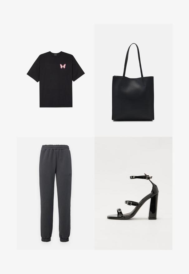 Black cotton t-shirt with short sleeves, featuring a small pink butterfly graphic on the left chest. Crew neck design with a relaxed fit.; Rip Curl VARSITY PANTS - Tracksuit bottoms - washed black; Black patent heeled sandals with a square toe, ankle straps, and silver buckles. Features a chunky block heel for stability.; Black leather tote bag with smooth texture, rectangular shape, and two long handles. No visible hardware or embellishments.