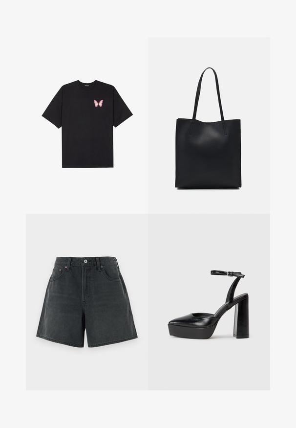 Schwarzes Baumwoll-T-Shirt mit kurzen Ärmeln, das ein kleines pinkes Schmetterlingsmotiv auf der linken Brust zeigt. Crewneck-Design mit einem entspannten Schnitt.; Dunkelgraue Jeansshorts mit hoher Taille, klassischem Fünf-Taschen-Design und einem sauberen, geraden Schnitt mit einer leicht verblassten Textur.; Schwarze Plateau-High Heels mit spitzem Zeh und verstellbarem Knöchelriemen. Gefertigt aus glattem Leder und mit einem klobigen Blockabsatz.; Schwarze Laptoptasche aus Leder mit glatter Textur, rechteckiger Form und zwei langen Griffen. Keine sichtbaren Beschläge oder Verzierungen.