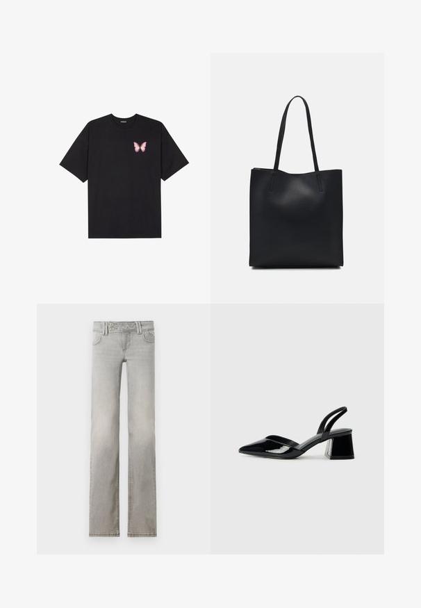 Black cotton t-shirt with short sleeves, featuring a small pink butterfly graphic on the left chest. Crew neck design with a relaxed fit.; Light grey jeans with a straight leg design, made of denim. Features two front pockets, a waistband with two buttons, and visible stitching.; Black patent leather slingback heels with a pointed toe and a geometric block heel. Features a sleek, minimal design and smooth texture.; Black leather tote bag with smooth texture, rectangular shape, and two long handles. No visible hardware or embellishments.