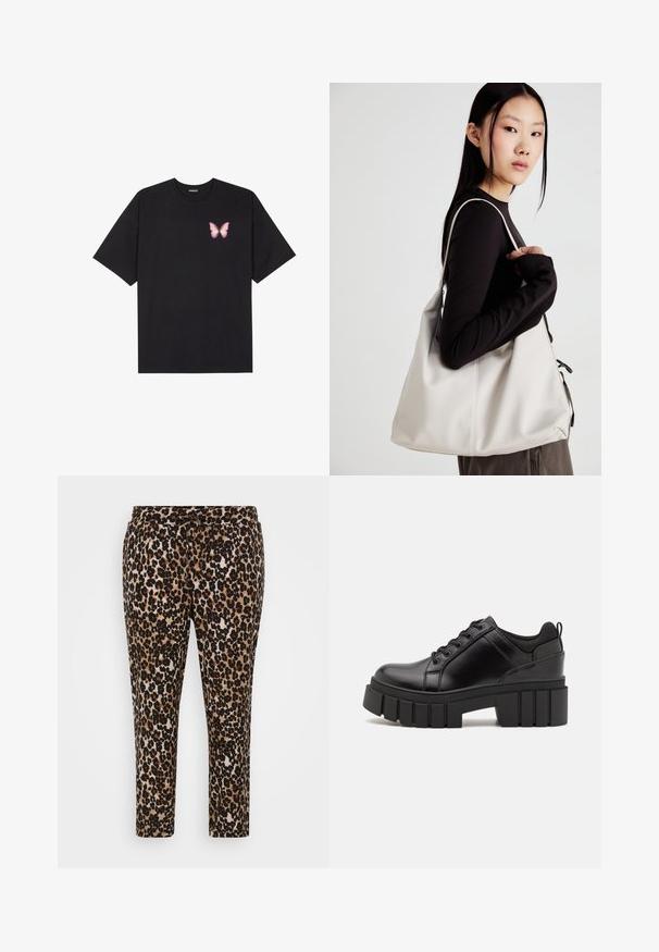 Crna pamučna majica s kratkim rukavima, s malim grafičkim prikazom ružičaste vjetricaste s desne strane na prsima. Dizajn s okruglim izrezom i opuštenim krojem.; Hlače s animal printom u uzorku leoparda, izrađene od mekanog teksturiranog materijala, s elastičnim pojasom i špagom, ravnog kroja i skraćene dužine.; Crne kožne platforme s debelim blok-peta, okruglim prstima i klasičnim dizajnom vezanja. Imaju gladak tekstur i minimalne detalje.; Bežna torba od mekog materijala s opuštenim dizajnom, šivanim detaljima i dva remena za rame. Pogodna za svakodnevnu upotrebu.