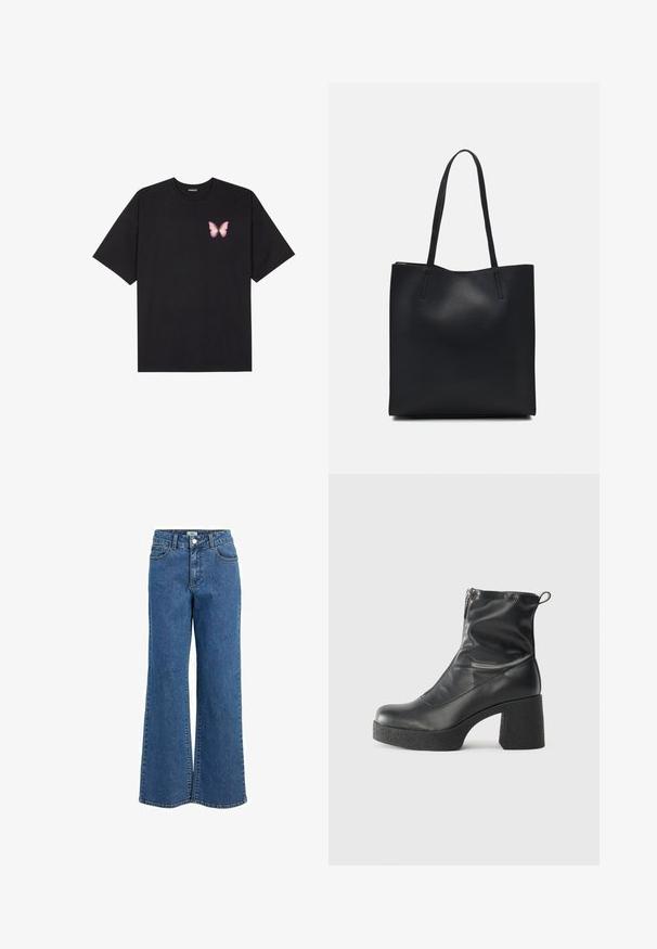 Svart bomulls T-skjorte med korte ermer, med en liten rosa sommerfugl grafikk på venstre bryst. Crew-neck design med en avslappet passform.; Bredde ben denim jeans i mellomblått med høy midje, fem lommer, frontknapplukking og kontrastfargede gullstingdetaljer.; Svarte ankelstøvler laget av glatt lær, med glidelås på siden, chunky strukturert hæl, og rund tå-design.; Svart lær tote bag med glatt tekstur, rektangulær form og to lange håndtak. Ingen synlige deler eller dekorasjoner.