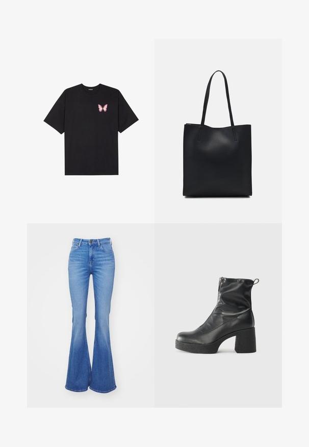 Black cotton t-shirt with short sleeves, featuring a small pink butterfly graphic on the left chest. Crew neck design with a relaxed fit.; Light blue flared jeans made from denim, featuring a high waist, five pockets, and a slight fade towards the hem. Silver button closure.; Black ankle boots made of smooth leather, featuring a side zipper, chunky textured heel, and rounded toe design.; Black leather tote bag with smooth texture, rectangular shape, and two long handles. No visible hardware or embellishments.