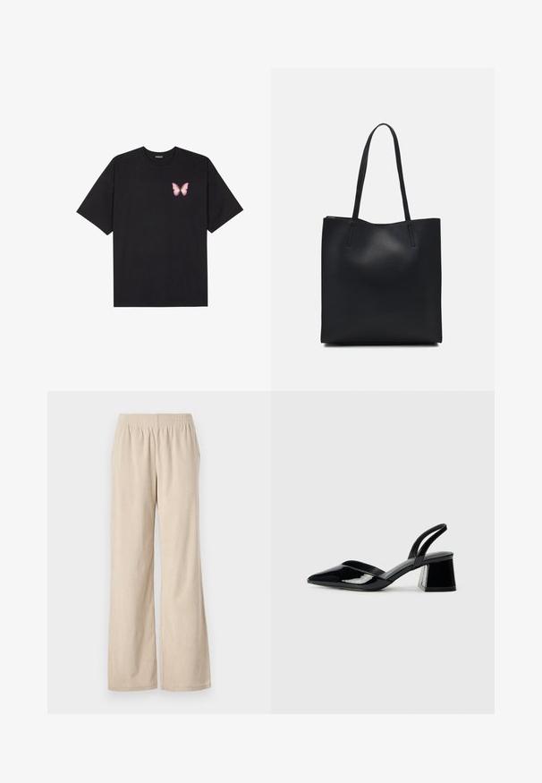 Black cotton t-shirt with short sleeves, featuring a small pink butterfly graphic on the left chest. Crew neck design with a relaxed fit.; Beige corduroy wide-leg pants with an elastic waistband and vertical ribbed texture, featuring a hem that gently flares at the bottom.; Black patent leather slingback heels with a pointed toe and a geometric block heel. Features a sleek, minimal design and smooth texture.; Black leather tote bag with smooth texture, rectangular shape, and two long handles. No visible hardware or embellishments.