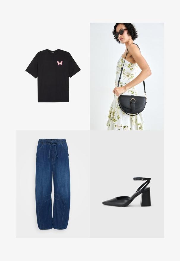 Must muströöpidega must puuvillane T-särk, vasakul rinnal on väike roosa liblikas. Ümar kaelus ja vabalt istuv lõige.; Tumed teksased tumepäikesega, elastse vöö ja nööriga. Omab kahte küljetaskut ning eraldi õmblusi, kitsenevad sääreluugid.; Mustmustest must-käigukingad, millel on konksuga nöör ja paks konts. Ühtlane tekstuur, stiilne disain ja minimalistlik esteetika.; Mustmust mustraha kõverate joontega, eemaldatava rihmaga ja kuldsete detailidega. Kotil on klapp, millel on pandladetail.