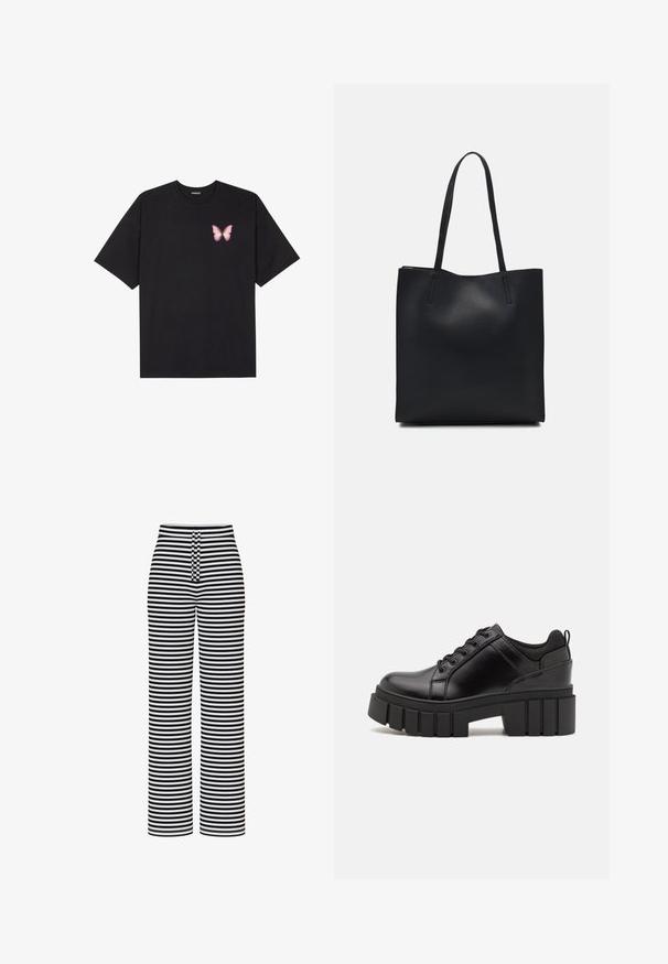 Black cotton t-shirt with short sleeves, featuring a small pink butterfly graphic on the left chest. Crew neck design with a relaxed fit.; Pieces PCLAYA MW WIDE - Trousers - bright white; Black leather platform shoes with a chunky block heel, round toe, and traditional lace-up design. Features smooth texture and minimal detailing.; Black leather tote bag with smooth texture, rectangular shape, and two long handles. No visible hardware or embellishments.
