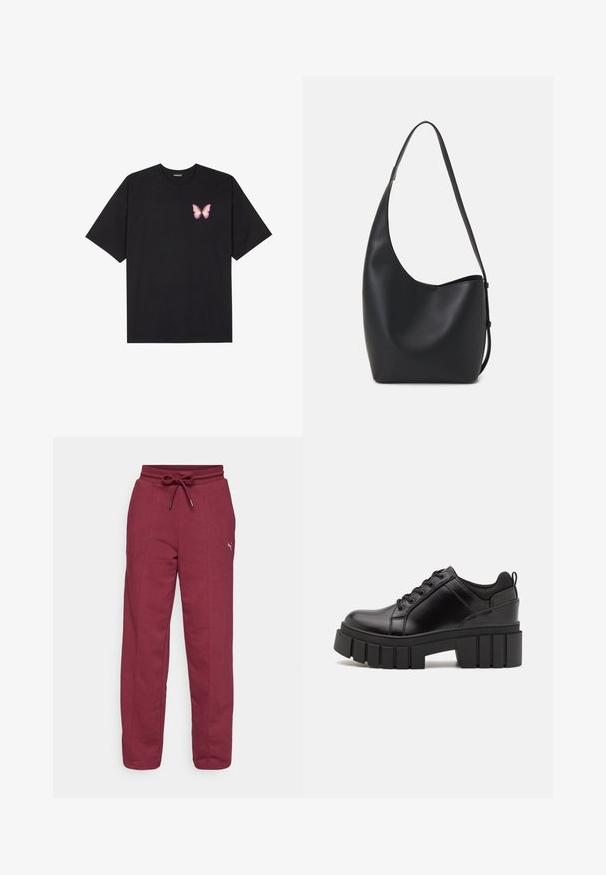 T-shirt de algodão preto com mangas curtas, apresentando um pequeno gráfico de borboleta rosa no lado esquerdo do peito. Design de gola redonda com um corte solto.; Sweatpants de cor bordo com cintura elástica, cordão ajustável, costuras laterais e um pequeno logotipo na coxa esquerda. Material suave em mistura de algodão.; Sapatos de plataforma em couro preto com um salto bloco robusto, bico redondo e design clássico de atacadores. Apresentam uma textura suave e detalhes mínimos.; Saco hobo preto em pele com uma textura lisa, forma curva e uma única alça ajustável; apresenta uma abertura larga na parte de cima.
