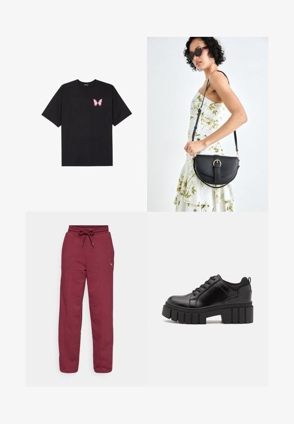 Svart bomulls T-skjorte med korte ermer, med en liten rosa sommerfugl grafikk på venstre bryst. Crew-neck design med en avslappet passform.; Bordeaux joggebukser med elastisk midje, justerbar snor, sidesømmer, og en liten logo-detallering på venstre lår. Myk bomullsblanding.; Svarte lærplattformsko med kraftig blokkhell, rund tå og tradisjonell snøring. Har en jevn tekstur og minimal detaljering.; Svart lærveske med en buet form, avtagbar stropp og gullbeslag. Vesken har et klaff med spenne-detall.
