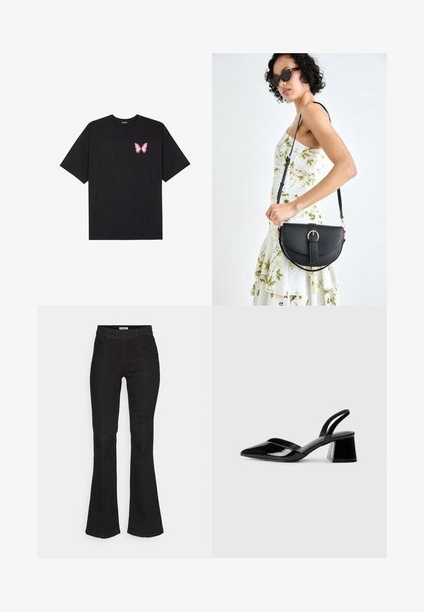 Fekete pamut póló rövid ujjakkal, bal mellkason egy kis rózsaszín pillangó grafikával. Kerek nyakú kialakítás, laza fazonnal.; Fekete harangszárú farmernadrág, magas derékkal, diszkrét elülső varrással és klasszikus öt zsebes kivitelben.; Fekete lakk bőr szandálkés magas sarkú cipő, hegyes orral és geometrikus tömbsarkakkal. Karcsú, minimalista dizájn és sima textúra jellemzi.; Fekete bőrtáska ívelt formával, levehető pánttal és arany színű fémrészekkel. A táskán egy csattal díszített fedél található.