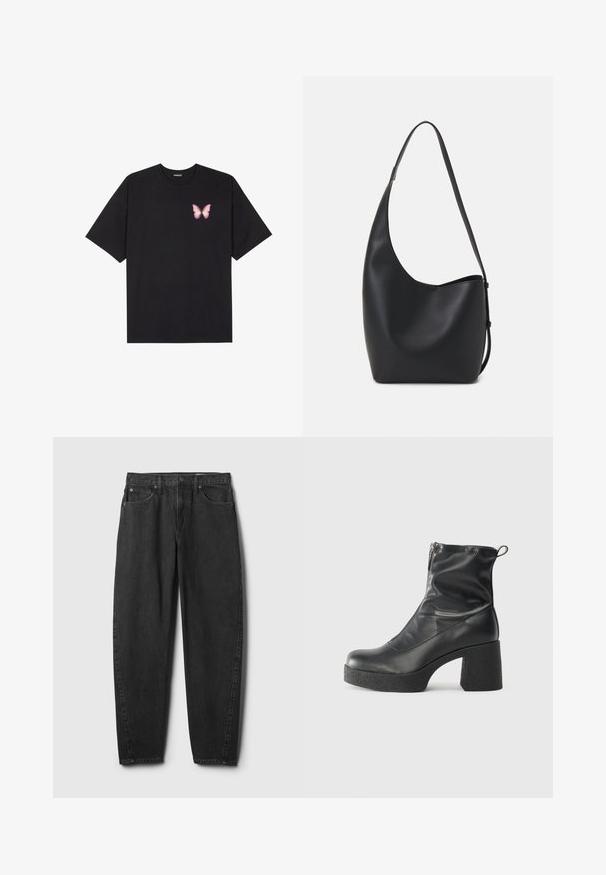 Camiseta de algodón negra de manga corta, con un pequeño gráfico de mariposa rosa en el lado izquierdo del pecho. Diseño de cuello redondo con un corte relajado.; Vaqueros de mezclilla negros con corte recto, que cuentan con cinco bolsillos, cierre de botón y detalles de costura mínimos. Diseño y textura clásica.; Botines negros de tobillo, hechos de cuero suave, con cierre lateral, tacón grueso texturizado y diseño de punta redondeada.; Bolso tipo hobo de cuero negro con una textura suave, forma curvada y una sola correa ajustable; presenta una amplia apertura en la parte superior.