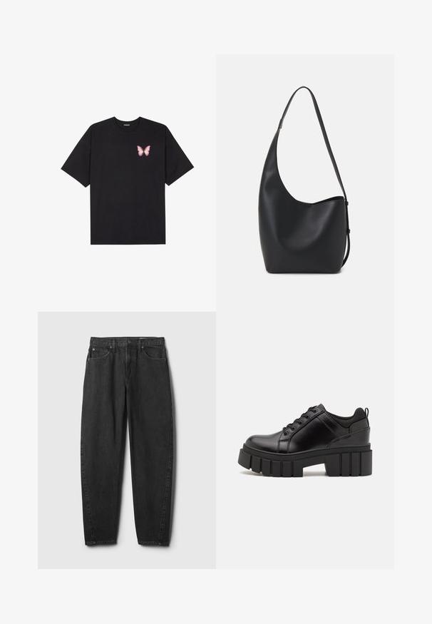 Camiseta de algodón negra de manga corta, con un pequeño gráfico de mariposa rosa en el lado izquierdo del pecho. Diseño de cuello redondo con un corte relajado.; Vaqueros de mezclilla negros con corte recto, que cuentan con cinco bolsillos, cierre de botón y detalles de costura mínimos. Diseño y textura clásica.; Zapatos de plataforma de cuero negro con un tacón cuadrado grueso, punta redonda y diseño tradicional de cordones. Presenta una textura suave y un detalle minimalista.; Bolso tipo hobo de cuero negro con una textura suave, forma curvada y una sola correa ajustable; presenta una amplia apertura en la parte superior.