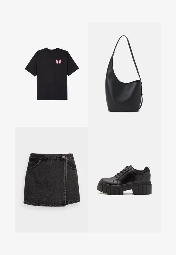 Black cotton t-shirt with short sleeves, featuring a small pink butterfly graphic on the left chest. Crew neck design with a relaxed fit.; Black denim mini skirt with a slightly frayed hem, two front pockets, and a silver button closure. Features a side wrap design.; Black leather platform shoes with a chunky block heel, round toe, and traditional lace-up design. Features smooth texture and minimal detailing.; Black leather hobo bag with a smooth texture, curved shape, and single adjustable strap; features a wide opening at the top.
