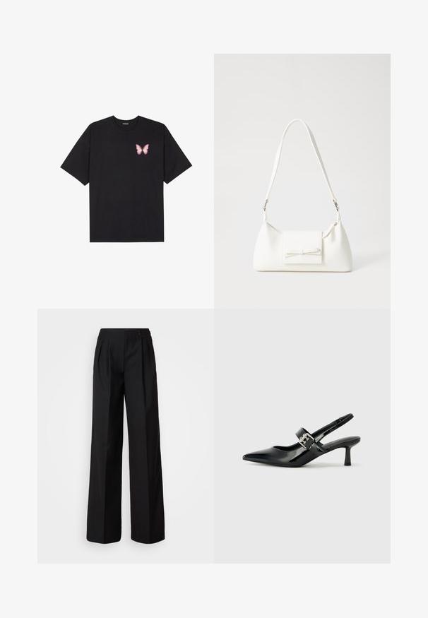 Črna bombažna majica s kratkimi rokavi, ki ima majhen roza metuljček na levi strani prsnega dela. Majica s krožnim ovratnikom in sproščenim krojem.; Črne široke hlače iz gladkega materiala, ki imajo nabore spredaj in pas z dvema gumboma za zapiranje.; Črne patent usnjene slingback pete s koničastim nosom in majhnim blok peto, ki vključujejo srebrno zaponko na traku.; Bela sintetična torbica v obliki trikotnika, z ravnim sprednjim poklopcem in detajlom mašne, nastavljivim trakom, gladko teksturo in minimalističnim dizajnom.
