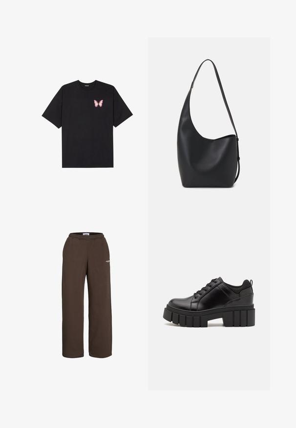 Black cotton t-shirt with short sleeves, featuring a small pink butterfly graphic on the left chest. Crew neck design with a relaxed fit.; Brown sweatpants with an elastic waistband, featuring a straight-leg design. Made of soft material with a small white logo detail.; Black leather platform shoes with a chunky block heel, round toe, and traditional lace-up design. Features smooth texture and minimal detailing.; Black leather hobo bag with a smooth texture, curved shape, and single adjustable strap; features a wide opening at the top.