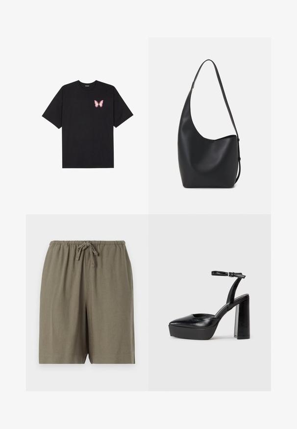 Svart bomullströja med korta ärmar, med en liten rosa fjärilsgrafik på vänster bröst. Rundad halsdesign med en avslappnad passform.; Kaki shorts i lättviktig tyg. Har en elastisk midja med dragsko och en avslappnad passform. Enkelt, enfärgat design.; Svarta plattformsskor med spetsig tå och justerbart vristband. Tillverkade av mjukt läder, med en kraftig blockklack.; Svart läder hobo-väska med en slät textur, kurvig form och en justerbar axelrem; har en bred öppning upptill.