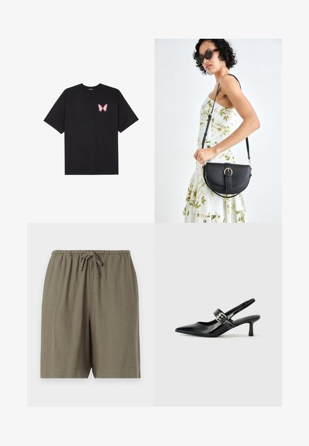 Juodas medvilnės marškinėliai trumpomis rankovėmis, su maža rožine drugelio grafika kairėje krūtinės pusėje. Apvalus kaklo iškirpimas, laisvas kirpimas.; Šviesiai rusvi šortai, pagaminti iš lengvos medžiagos. Apima elastingą juostą su raišteliu ir laisvą kirpimą. Paprastas, vientisos spalvos dizainas.; Juodai lakuoti slingback aukštakulniai su smailiu kojų pirštu ir mažais blokiniais kulniukais, su sidabro sagtimi ant dirželio.; Juodas odinis krepšys su išlenkta forma, nuimamu dirželiu ir auksiniais detalėmis. Krepšys turi kilpą su sagtimi.