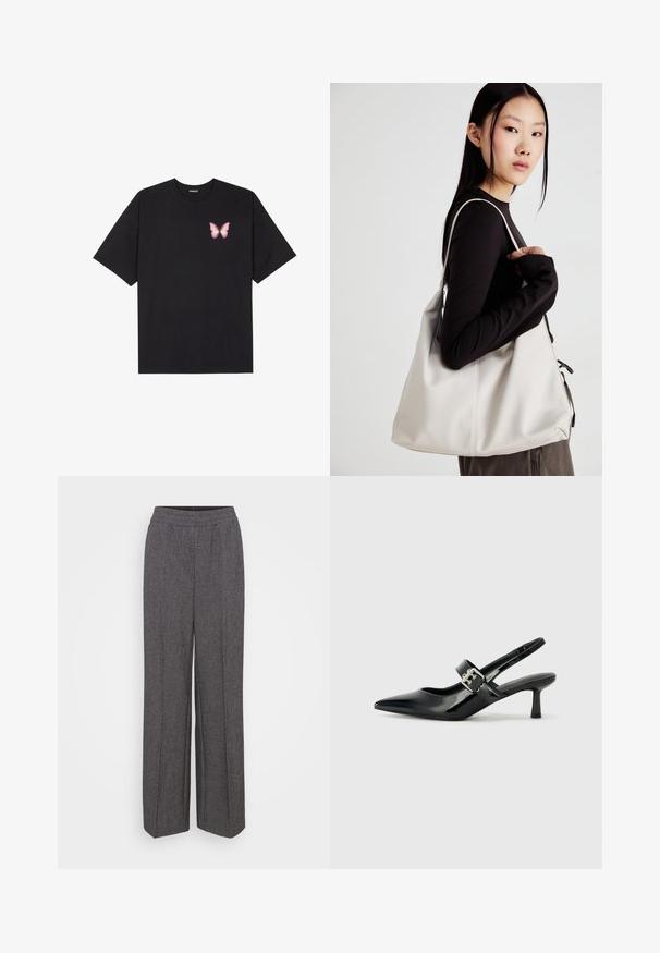 Čierne bavlnené tričko s krátkymi rukávmi, s malým ružovým motýlikom na ľavej hrudi. Design s okrúhlym výstrihom a uvoľneným strihom.; Sivé nohavice s širokými nohavicami a elastickým pásom, vyrobené z textúrovanej látky s jemným vzorom. Bez vreciek a viditeľných zapínaní.; Čierne patentové kožené sandále na podpätku so špicatou špičkou a malým blokovým podpätkom, s dekoratívnou striebornou sponou na remienku.; Béžová kabelka vyrobená z mäkkého materiálu, s uvoľneným dizajnom, prišitými detailmi a dvoma popruhmi na nosenie na pleciach. Vhodná na každodenné nosenie.