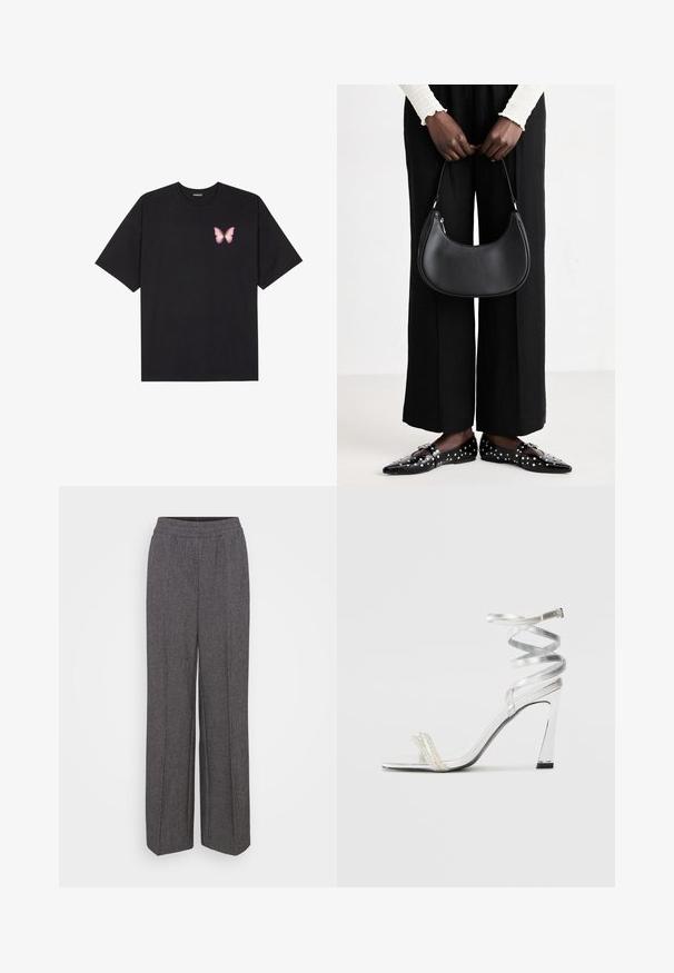 Svart bomulls T-skjorte med korte ermer, med en liten rosa sommerfugl grafikk på venstre bryst. Crew-neck design med en avslappet passform.; Grå, vide bukser med elastisk talje, laget av teksturert stoff med et subtilt mønster. Ingen lommer eller synlige lukninger.; Sølv høyhælte sandaler med et glitrende stroppdesign, som har en perle-lignende akcent og en spiralformet ankelstropp for sikker passform.; Svart skinn skulderveske med en avrundet form, glanset overflate og sølvfargede detaljer. Person iført sorte vide bukser og naglede loafers.
