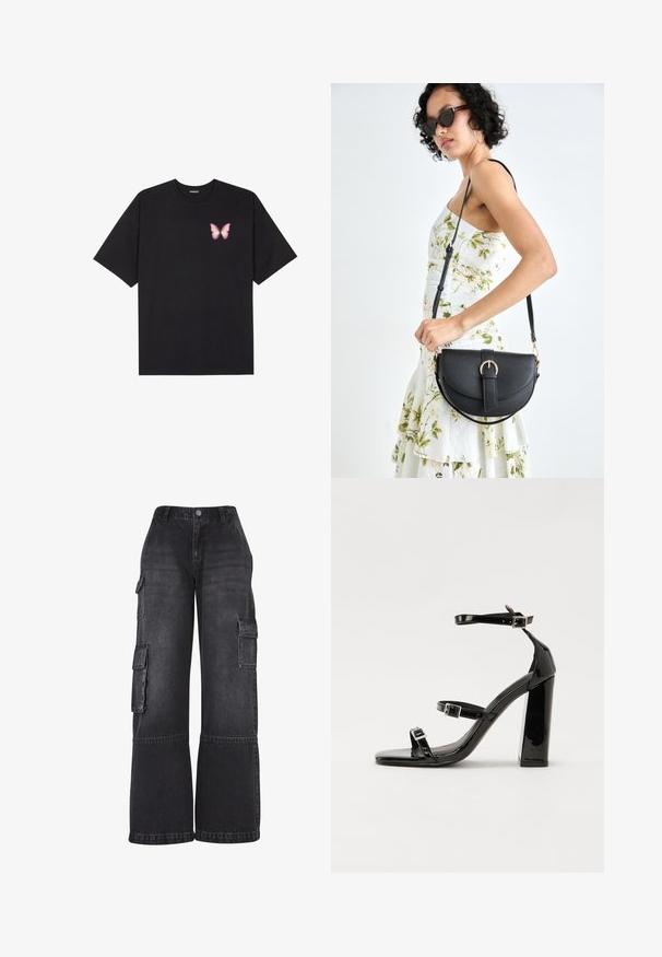 Black cotton t-shirt with short sleeves, featuring a small pink butterfly graphic on the left chest. Crew neck design with a relaxed fit.; Black cargo pants in denim, featuring wide legs, multiple side pockets, and a fitted waistband with a front button closure.; Black patent high-heeled sandals with two buckle straps, square toe, and a chunky block heel, featuring a smooth, glossy texture.; Black leather handbag with a curved shape, detachable strap, and gold hardware. The bag features a flap with a buckle detail.