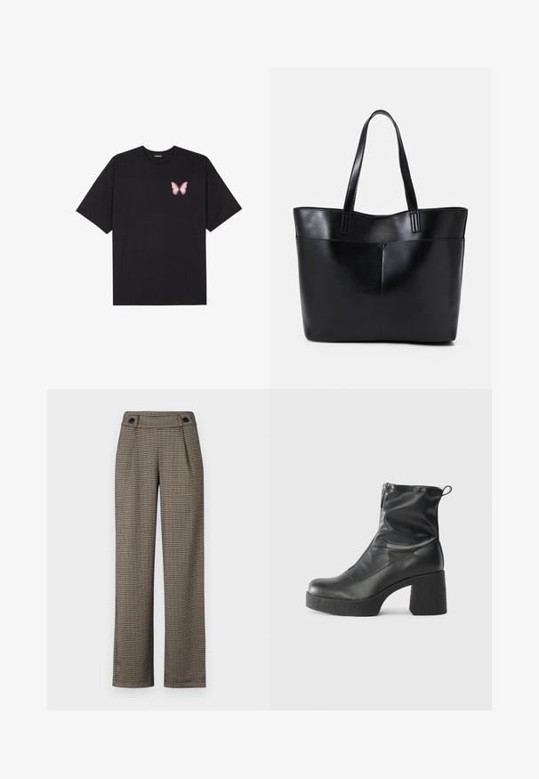 T-shirt en coton noir à manches courtes, avec un petit graphique de papillon rose sur la poitrine gauche. Modèle à col rond avec une coupe décontractée.; Pantalon à carreaux marron avec taille haute, présentant des plis sur les côtés et des accents de boutons noirs. Fabriqué dans un tissu tissé texturé.; Bottes noires à la cheville en cuir lisse, dotées d'une fermeture éclair sur le côté, d'un talon épais texturé et d'une conception à bout rond.; Sac fourre-tout en cuir noir avec deux longues poignées, une texture lisse et une forme structurée. Dispose d'une poche avant pour un rangement supplémentaire.