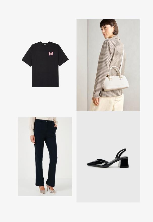 Must muströöpidega must puuvillane T-särk, vasakul rinnal on väike roosa liblikas. Ümar kaelus ja vabalt istuv lõige.; Tumed sinine kohandatud püksid siledast materjalist, sirgete jalgadega, eestaskutega ja nööbiga sulgemisega, koos metallik kõrgete kontsadega.; Mustad musta lakknahk kingad, millel on terav varvas ja geomeetriline plokkkonts. Omab elegantselt minimalistlikku disaini ja sujuvat tekstuuri.; Valge struktureeritud käekott lühikeste käepidemete ja õlavööga, millel on kuldse riistvara aktsendid ja tekstuuriga materjal, eksponeeritud halli taustal.