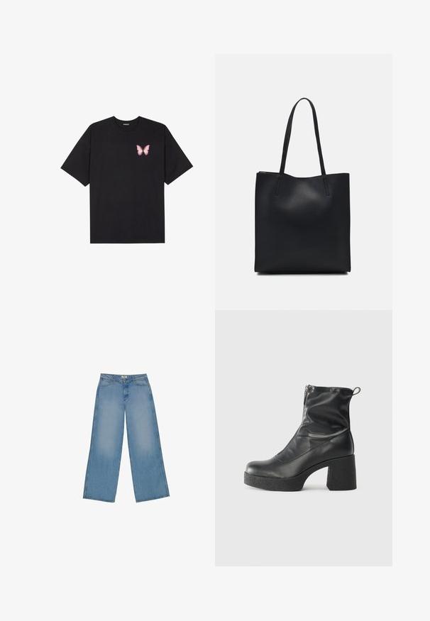 Must muströöpidega must puuvillane T-särk, vasakul rinnal on väike roosa liblikas. Ümar kaelus ja vabalt istuv lõige.; Heledad sinine laiad püksid, mis on valmistatud denimist, kõrge vöökoha, sirge lõike ja kontrastsete õmblustega. Ilma kaunistuste või kulumiseta.; Mustad mustad ansapüksid, mis on valmistatud siledast nahast, külje zipperiga, paksu tekstuuriga kontsaga ja ümmarguse nina disainiga.; Mustast nahast kott sujuva tekstuuriga, ristkülikukujuline ja kahe pika sangaga. Pole nähtavat riistvara ega kaunistusi.