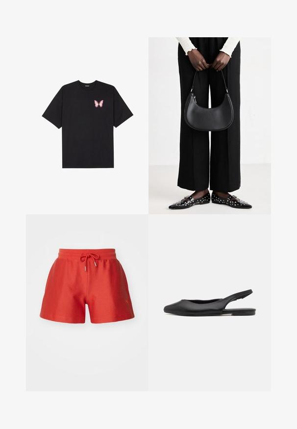 Černé bavlněné tričko s krátkým rukávem, na levém prsou s malou grafikou růžové motýlky. Design s kruhovým výstřihem a volným střihem.; Červené sportovní kraťasy s texturovanou tkaninou, stažením v pase a decentním logem. Klasický střih, vhodné pro aktivní nošení.; Černé kožené slingback boty s špičatou špičkou, plochým podpatkem a zakřiveným výřezem. Hladký povrch a minimalistický styl.; Černá kožená kabelka přes rameno s kulatým tvarem, lesklým povrchem a stříbrnými kovovými prvky. Osoba v černých širokých kalhotách a s ozdobenými mokasíny.