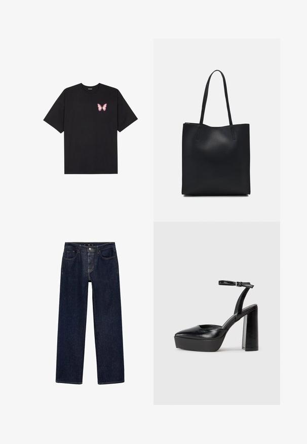 Crna pamučna majica s kratkim rukavima, s malim grafičkim prikazom ružičaste vjetricaste s desne strane na prsima. Dizajn s okruglim izrezom i opuštenim krojem.; Tamno plavi traperice ravnog kroja, s pet džepova, kopčanjem na dugmad i detaljima u kontrastnoj boji. Tekstura je glatka s blistavim završetkom.; Crne platforme s potpeticom s oštrim vrhom i podešivom naramenicom. Izrađene od glatke kože, s masivnom blok petom.; Crna kožna torba za nošenje s glatkom teksturom, pravokutnim oblikom i dvije duge ručke. Nema vidljivih metalnih dijelova ili ukrasa.