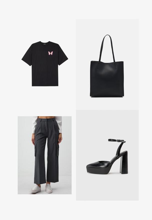 Schwarzes Baumwoll-T-Shirt mit kurzen Ärmeln, das ein kleines pinkes Schmetterlingsmotiv auf der linken Brust zeigt. Crewneck-Design mit einem entspannten Schnitt.; Graue, weit geschnittene Cargo-Hosen aus glattem Stoff, mit zwei Seitentaschen und hohem Bund. Kombiniert mit weißen Sneakers.; Schwarze Plateau-High Heels mit spitzem Zeh und verstellbarem Knöchelriemen. Gefertigt aus glattem Leder und mit einem klobigen Blockabsatz.; Schwarze Laptoptasche aus Leder mit glatter Textur, rechteckiger Form und zwei langen Griffen. Keine sichtbaren Beschläge oder Verzierungen.