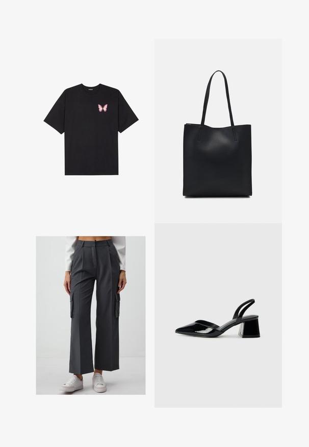 Zwarte katoenen t-shirt met korte mouwen, voorzien van een kleine roze vlinder graphic op de linkerkant van de borst. Crew neck ontwerp met een relaxte fit.; Grijze ruime cargobroek van gladde stof, met twee zijzakken en een hoge tailleband. Gecombineerd met witte sneakers.; Zwarte gepatineerde leren slingback hakken met een spitse neus en een geometrische blokhak. Kenmerkt zich door een slank, minimalistisch ontwerp en een gladde textuur.; Zwarte leren handtas met een gladde textuur, rechthoekige vorm en twee lange handvaten. Geen zichtbare hardware of versieringen.