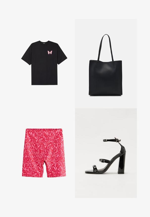Černé bavlněné tričko s krátkým rukávem, na levém prsou s malou grafikou růžové motýlky. Design s kruhovým výstřihem a volným střihem.; Růžové šortky s červeným vzorem leopardího tisku. Vyrobené z pružné tkaniny, mají vysoký pas a délku ke kolenům.; Černé lakované sandály na podpatku se čtveratou špičkou, lýtkovými pásky a stříbrnými přezkami. Disponují masivním blokovým podpatkem pro stabilitu.; Černá kožená taška přes rameno s hladkým povrchem, obdélníkovým tvarem a dvěma dlouhými uchy. Žádné viditelné kování ani ozdoby.