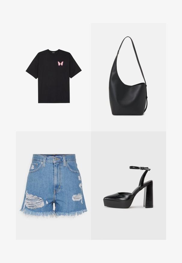 Svart bomulls T-skjorte med korte ermer, med en liten rosa sommerfugl grafikk på venstre bryst. Crew-neck design med en avslappet passform.; Lys blå høy midje denimshorts med slitte hull. Har frynset kant og klassisk fem-lomme-design med knappelukking.; Sorte plattformhelter med spiss tå og justerbar ankelrem. Laget av glatt lær, med en robust blokkhel.; Svart lær hobo-veske med glatt tekstur, buet form og enkelt justerbart stropp; har en bred åpning på toppen.