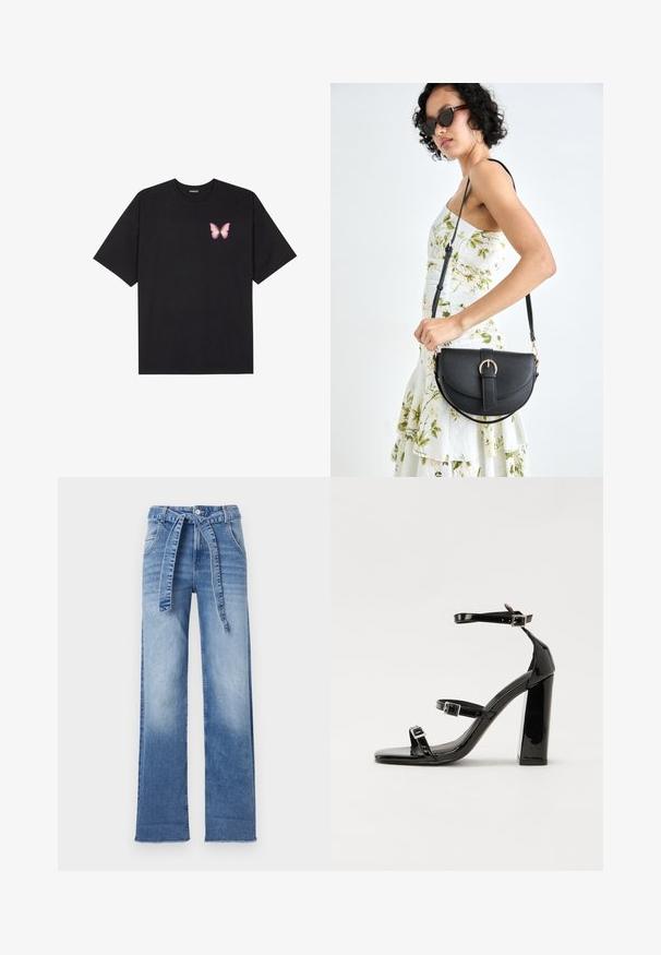 Black cotton t-shirt with short sleeves, featuring a small pink butterfly graphic on the left chest. Crew neck design with a relaxed fit.; Light blue denim high-waisted trousers with a wide-leg design, featuring a tie-belt at the waist and a faded wash effect.; Black patent high-heeled sandals with two buckle straps, square toe, and a chunky block heel, featuring a smooth, glossy texture.; Black leather handbag with a curved shape, detachable strap, and gold hardware. The bag features a flap with a buckle detail.