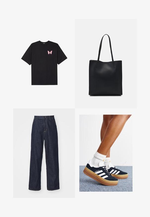 Musta puuvillapaita lyhyillä hihoilla, jossa on pieni vaaleanpunainen perhosgrafiikka vasemmassa rinnassa. Pyöreä kaula-aukko ja rento istuvuus.; Tummansinisiä suoria farkkuhousuja vyölenkeillä, etupainikkeella ja sivutaskuilla valkoista taustaa vasten.; Musta mokkanahkainen tennari, jossa valkoiset raidat ja yksityiskohdat, pyöreä kärki, purukumipohja, yhdistetty valkoisiin ribbineuleisiin nilkkasukkiin.; Mustapahkainen kangaskassi, jossa on sileä pinta, suorakaiteen muotoinen ja kaksi pitkää kahvaa. Ei näkyvää metalliosaa tai koristeita.