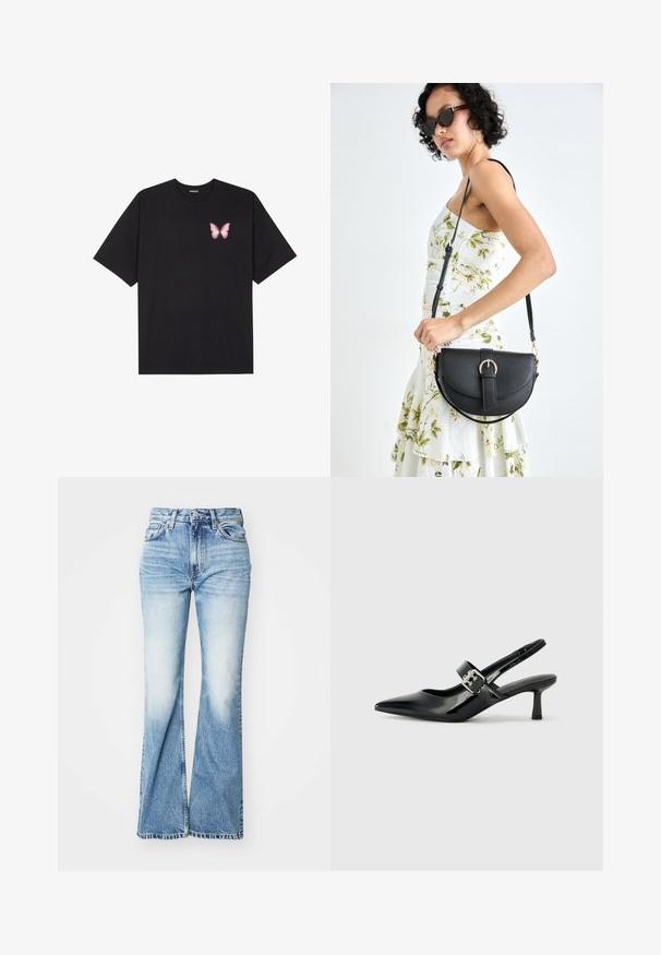 Black cotton t-shirt with short sleeves, featuring a small pink butterfly graphic on the left chest. Crew neck design with a relaxed fit.; High-waisted, flared blue jeans with a faded wash, made of denim. Features a five-pocket design and visible stitching along the edges.; Black patent leather slingback heels with a pointed toe and a small block heel, featuring a silver buckle accent on the strap.; Black leather handbag with a curved shape, detachable strap, and gold hardware. The bag features a flap with a buckle detail.