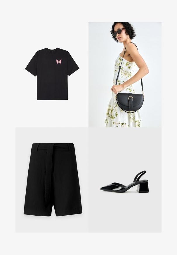 Černé bavlněné tričko s krátkým rukávem, na levém prsou s malou grafikou růžové motýlky. Design s kruhovým výstřihem a volným střihem.; Černé lenové šortky s vysokým pasem, vybavené látkovým opaskem a postranními kapsami, hladká textura a volný střih.; Černé lakované kožené lodičky na pásku s špičatou špičkou a geometrickým blokovým podpatkem. Vyznačují se elegantním, minimalistickým designem a hladkým povrchem.; Černá kožená kabelka s křivkovým tvarem, odnímatelným popruhem a zlatými detaily. Kabelka má klopu s přezkou.