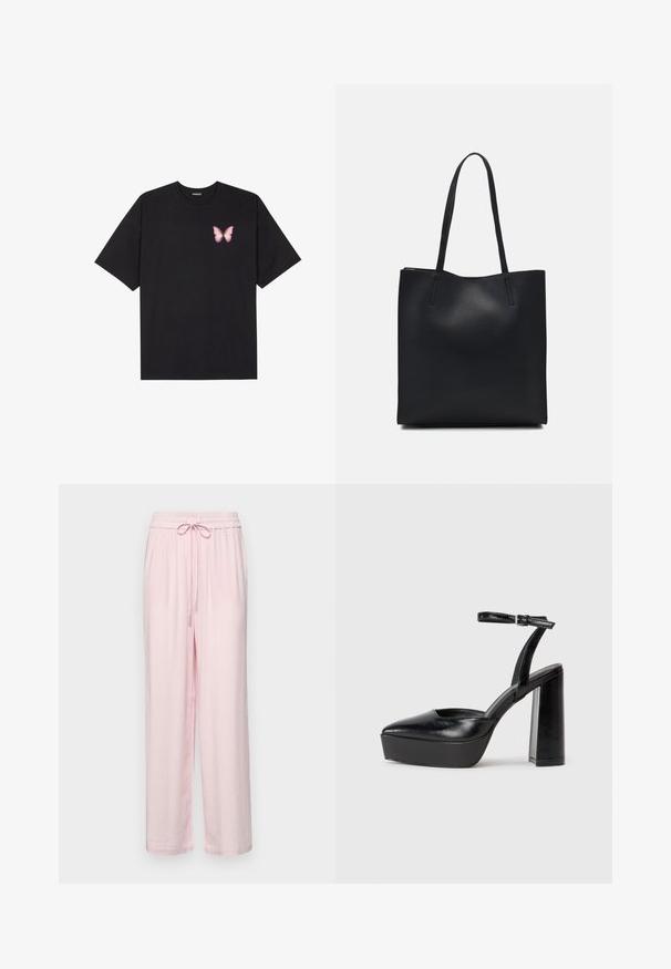 Black cotton t-shirt with short sleeves, featuring a small pink butterfly graphic on the left chest. Crew neck design with a relaxed fit.; Light pink, lightweight fabric pants with a loose fit, elastic waistband, and drawstring. Smooth texture, straight legs, no visible patterns.; Black platform heels with a pointed toe and adjustable ankle strap. Constructed from smooth leather, featuring a chunky block heel.; Black leather tote bag with smooth texture, rectangular shape, and two long handles. No visible hardware or embellishments.