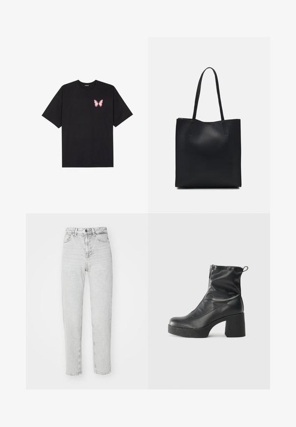 Črna bombažna majica s kratkimi rokavi, ki ima majhen roza metuljček na levi strani prsnega dela. Majica s krožnim ovratnikom in sproščenim krojem.; Visokotakšne naravnost krojene kavbojke iz svetlo sive denima, s sponko in zadrgo, petimi žepi in bledejšim pranjem.; Črne gležnjarje iz gladke kože z božnim zadrgo, masivnim teksturiranim peto in zaobljeno obliko prstov.; Črna usnjena torba s svilnato teksturo, pravokotne oblike in dvema dolgima ročajema. Brez vidnih metalnih delov ali okrasnih elementov.