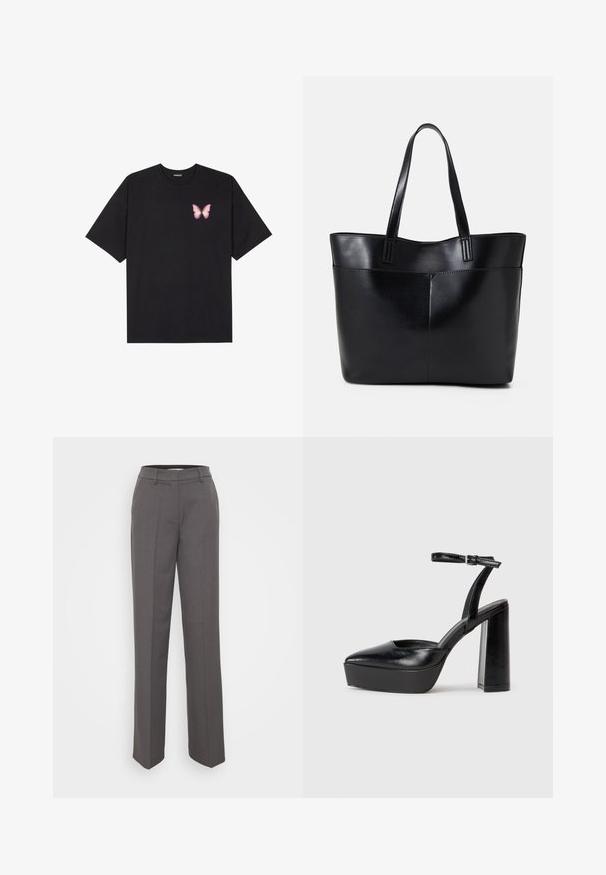 Black cotton t-shirt with short sleeves, featuring a small pink butterfly graphic on the left chest. Crew neck design with a relaxed fit.; Gray tailored trousers with a straight leg design, belt loops, and a smooth fabric texture. No visible patterns or embellishments.; Black platform heels with a pointed toe and adjustable ankle strap. Constructed from smooth leather, featuring a chunky block heel.; Black leather tote bag with two long handles, a smooth texture, and a structured shape. Features a front pocket for additional storage.