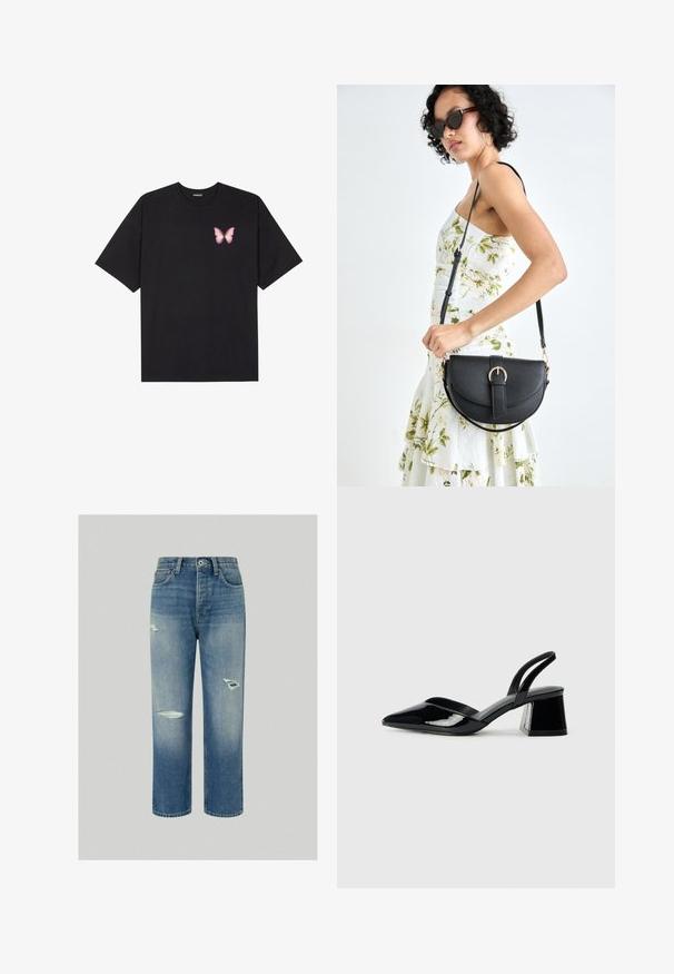 Melna kokvilnas T-krekls ar īsām piedurknēm, kuram priekšā kreisajā pusē ir neliels rozā tauriņa grafiskais attēls. Ar apaļu kaklu un brīvā stila piegriezumu.; Zilas džinsu bikses ar brīvu piegriezumu, ar nodilušām plāksteriem un taisnu kāju griezumu. Klasisks piecu kabatu dizains ar pogu aizdari.; Melna lakota āda ar atvērto papēdi, ar smailu purngalu un ģeometrisku blokpapēdi. Iezīmējas elegants, minimāls dizains un gluda tekstūra.; Melnas ādas rokassoma ar izliekta formu, noņemamu siksnu un zelta aksesuāriem. Somai ir vāciņš ar sprādzes detaļu.