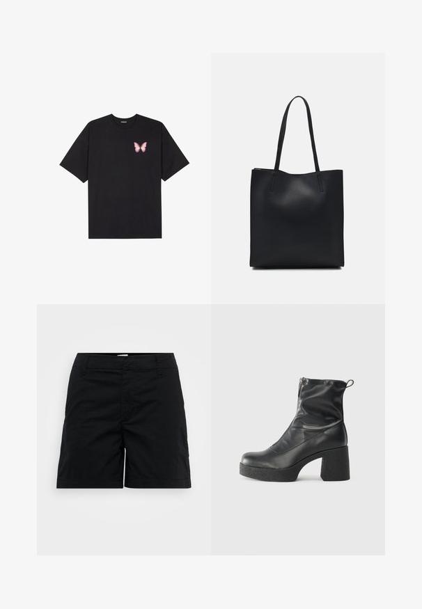 Svart bomulls T-skjorte med korte ermer, med en liten rosa sommerfugl grafikk på venstre bryst. Crew-neck design med en avslappet passform.; Svarte bomullsshorts med rett snitt, med midjebånd, frontlommer og minimalistisk design. Jevn tekstur uten synlige mønstre.; Svarte ankelstøvler laget av glatt lær, med glidelås på siden, chunky strukturert hæl, og rund tå-design.; Svart lær tote bag med glatt tekstur, rektangulær form og to lange håndtak. Ingen synlige deler eller dekorasjoner.