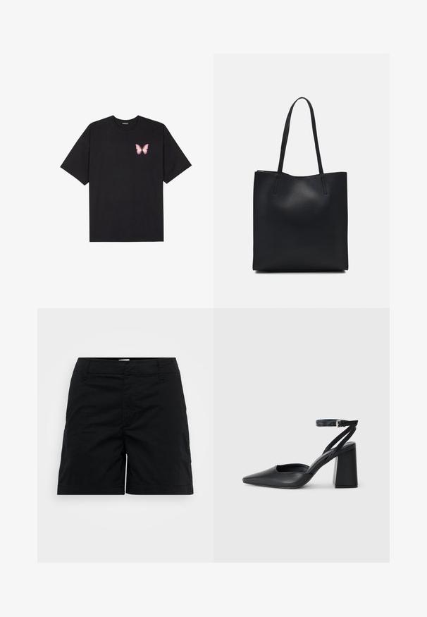 Črna bombažna majica s kratkimi rokavi, ki ima majhen roza metuljček na levi strani prsnega dela. Majica s krožnim ovratnikom in sproščenim krojem.; Črne bombažne kratke hlače s ravnim krojem, ki imajo pas, sprednje žepke in minimalističen dizajn. Gladka tekstura in brez vidnih vzorcev.; Črne usnjene klasične čevlje z ostrim nosom, z zaponko za gleženj in debelim peto. Ravna tekstura, eleganten dizajn in minimalistična estetika.; Črna usnjena torba s svilnato teksturo, pravokotne oblike in dvema dolgima ročajema. Brez vidnih metalnih delov ali okrasnih elementov.