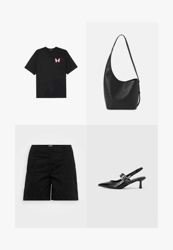 Sort bomulds T-shirt med korte ærmer, prydet med en lille pink sommerfugl grafik på venstre bryst. Rund hals design med en afslappet pasform.; Sorte bomuldsshorts med lige snit, der har en talje, frontlommer og minimalistisk design. Glat tekstur og ingen synlige mønstre.; Sorte laker slingback hæle med spids tå og en lille blokhæl, med en sølvspændeaccent på remmen.; Sort læder hobo taske med en glat overflade, buet form og en enkelt justerbar rem; har en bred åbning øverst.