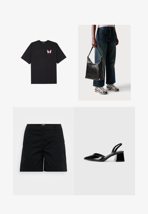 T-shirt de algodão preto com mangas curtas, apresentando um pequeno gráfico de borboleta rosa no lado esquerdo do peito. Design de gola redonda com um corte solto.; Calças de algodão pretas, com corte reto, apresentando uma cintura, bolsos frontais e design minimalista. Textura suave e sem padrões visíveis.; Sandy em verniz preto com salto slingback, ponta afilada e salto geométrico. Apresenta um design elegante e minimalista com textura suave.; Bolsa de ombro em couro preto com textura suave e alça ajustável, combinada com jeans de perna larga desbotados e ténis desportivos.