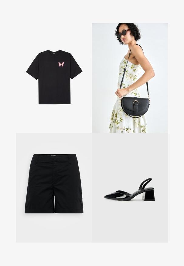 Fekete pamut póló rövid ujjakkal, bal mellkason egy kis rózsaszín pillangó grafikával. Kerek nyakú kialakítás, laza fazonnal.; Fekete pamut rövidnadrág egyenes szabással, derékrésszel, elülső zsebekkel és minimalista dizájnnal. Simaszerkezetű, és nincsenek látható minták.; Fekete lakk bőr szandálkés magas sarkú cipő, hegyes orral és geometrikus tömbsarkakkal. Karcsú, minimalista dizájn és sima textúra jellemzi.; Fekete bőrtáska ívelt formával, levehető pánttal és arany színű fémrészekkel. A táskán egy csattal díszített fedél található.